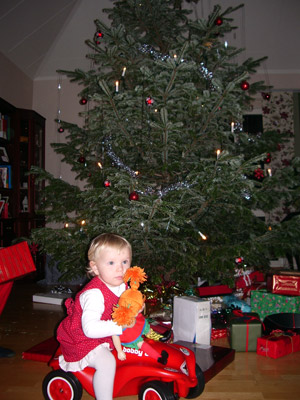A picture of Emilia in front of the Christmas tree