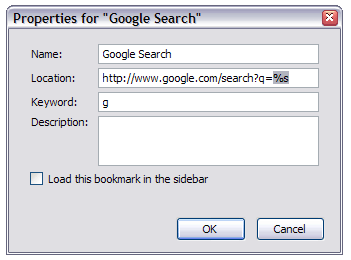 A picture of a bookmark properties dialog in Firefox, showing how to customize a Smart Keyword search