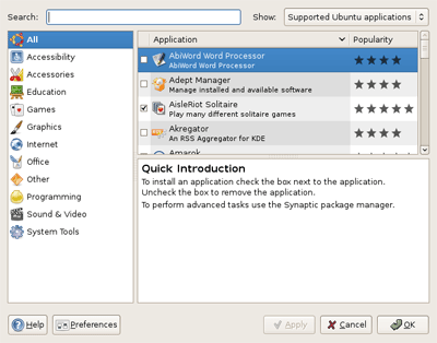 A picture of the Ubuntu Add/Remove applications functionality