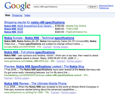 A picture of the Google search results for the search 'nokia n96 specifications'. The first link goes the Nokia web site.