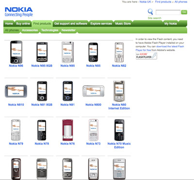 A picture of the Nokia products page, with JavaScript disabled. All cell phone models are clearly listed, with picture and text; looks a bit different from the JavaScript version