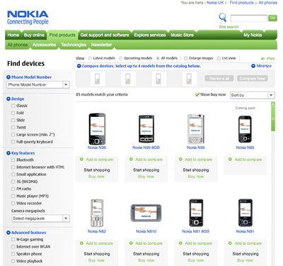 A picture of the Nokia products page