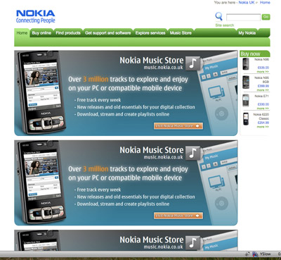 A picture of the Nokia start page, with JavaScript disabled. Everything works, but it has some different content and layout.