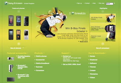 A picture of the Sony Ericsson start page