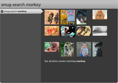 A picture of Ubiquity when the smug-search command has been invoked for the term 'monkey'